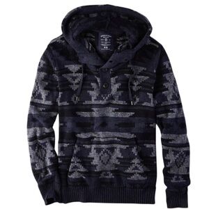 American Eagle Mens Nordic Fair Isle Navy Cotton Hooded Sweater Sz XL
